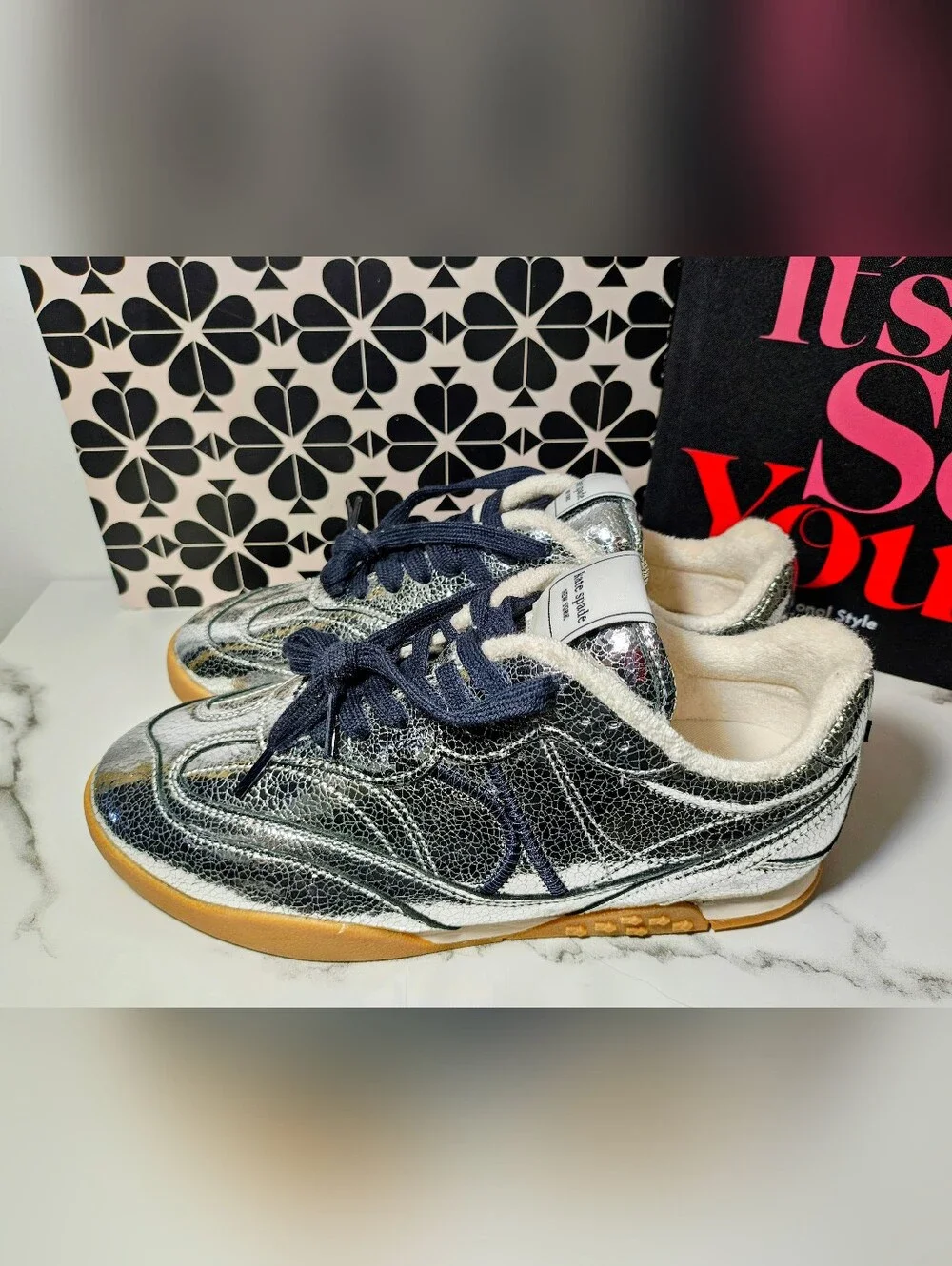 NEW!  Kate Spade Silver Crackle Leather Sneakers with Navy Laces Sells For $228.